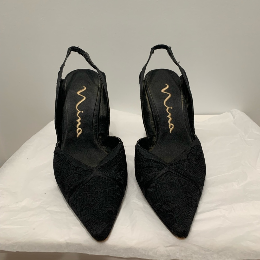 Black lace sling-back dress sandal, size 6